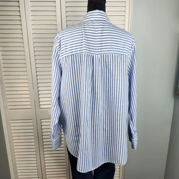 H&M Blue White Stripe Button Front Top L Long Sleeve 100% Cotton Coastal Capsule - Picture 7 of 10